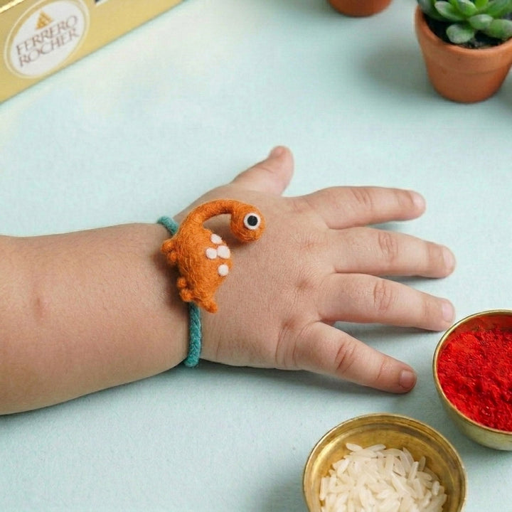 Handmade Dinosaur Felt Kids Rakhi With Roli Chawal