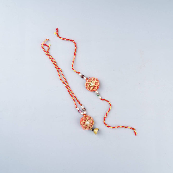 Ecofriendly Bamboo Rakhis For Bhaiya Bhabhi With Roli Chawal 7 - Pair with Floral Embellishments