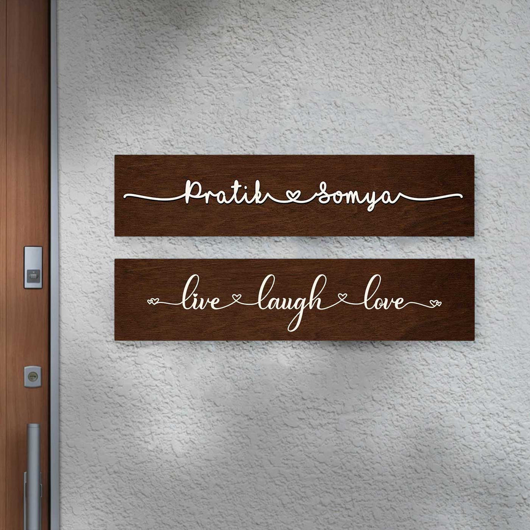 Minimalist 3D Nameplate For Couples With House Number Copy - Mounted on Textured Wall Front View