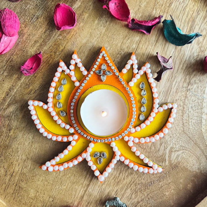 Hand-Painted Beaded Lotus MDF Wood Tealight Holder