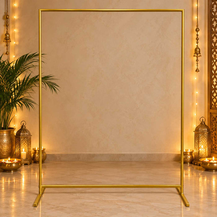 Foldable Gold Powder Coated Metal Rectangle Backdrop Frame And Pooja Stand Combo