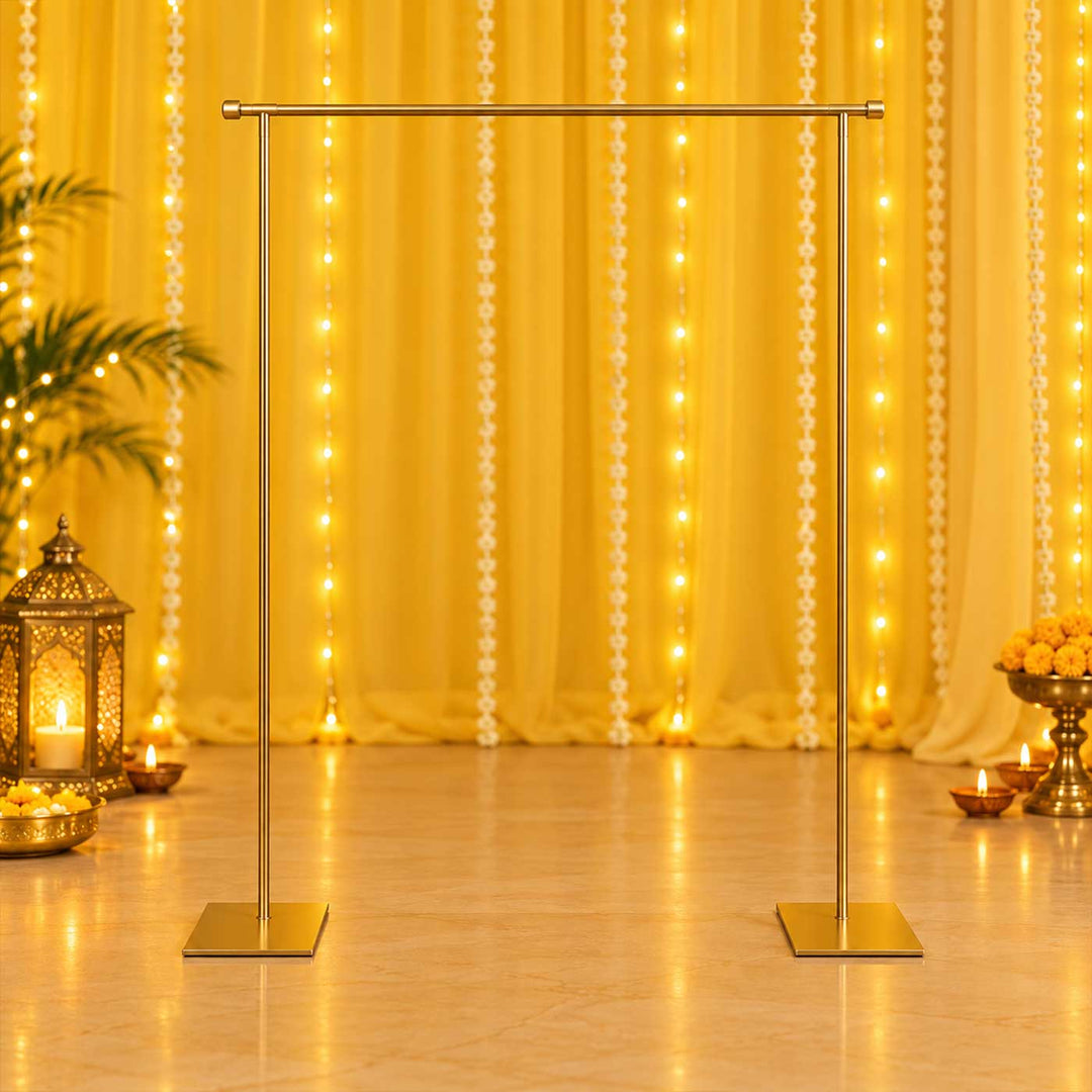 Foldable Gold Powder Coated Metal Rectangle Backdrop Frame And Pooja Stand Combo