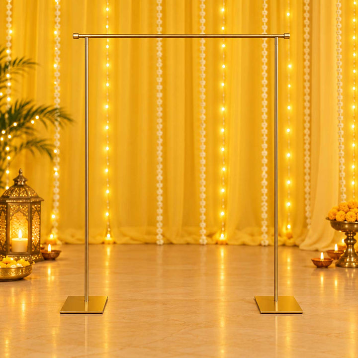 Foldable Gold Powder Coated Metal Rectangle Backdrop Frame And Pooja Stand Combo