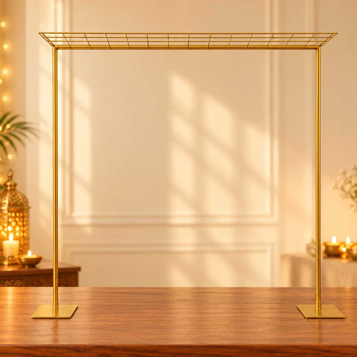 Gold Powder Coated Metal Pooja Backdrop Stand With Jaali Top For Home Mandir