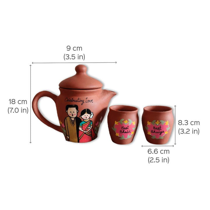 Personalized Terracotta Teaset Rakhi Hamper With Caricature - Pot and Cups Dimensions