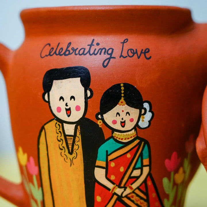 Personalized Terracotta Teaset Rakhi Hamper With Caricature - Pot Print Detail Close-up