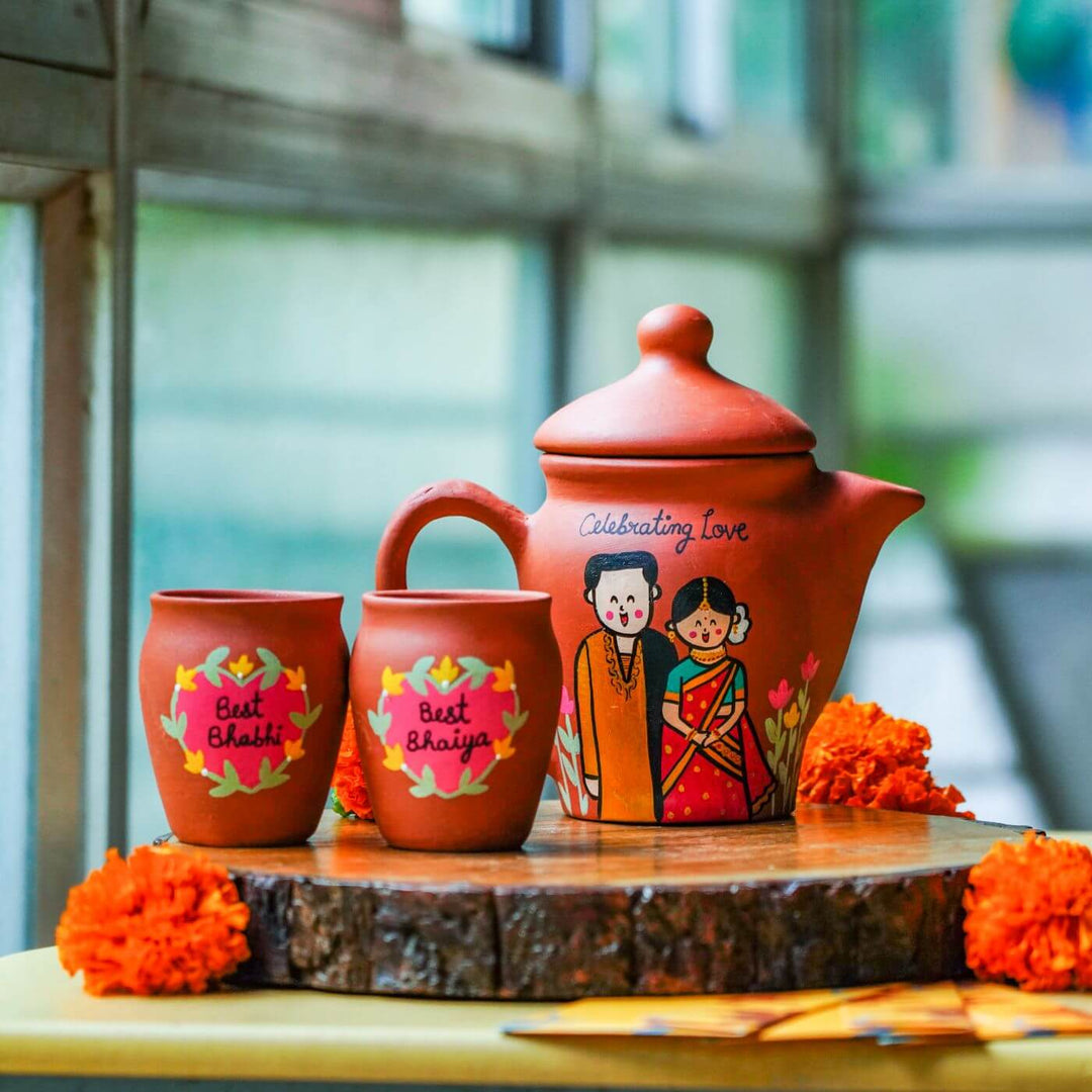 Personalized Terracotta Teaset Rakhi Hamper With Caricature - Decorative Set on Wood Slab