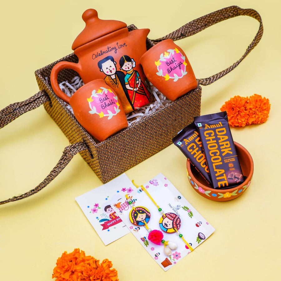 Personalized Terracotta Teaset Rakhi Hamper With Caricature - Basket Gift Set Display