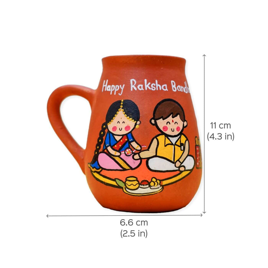 Handpainted Terracotta Rakhi Mug Set With Roli Chawal - Mug height and width dimensions