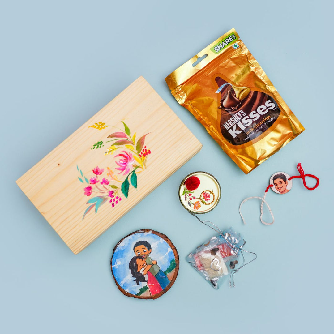 Hand Painted Rakhi Hamper With Fridge Magnet - Loose Items Laid Out