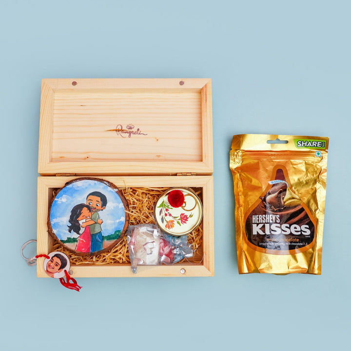 Hand Painted Rakhi Hamper With Fridge Magnet - Open Box with Items Top View