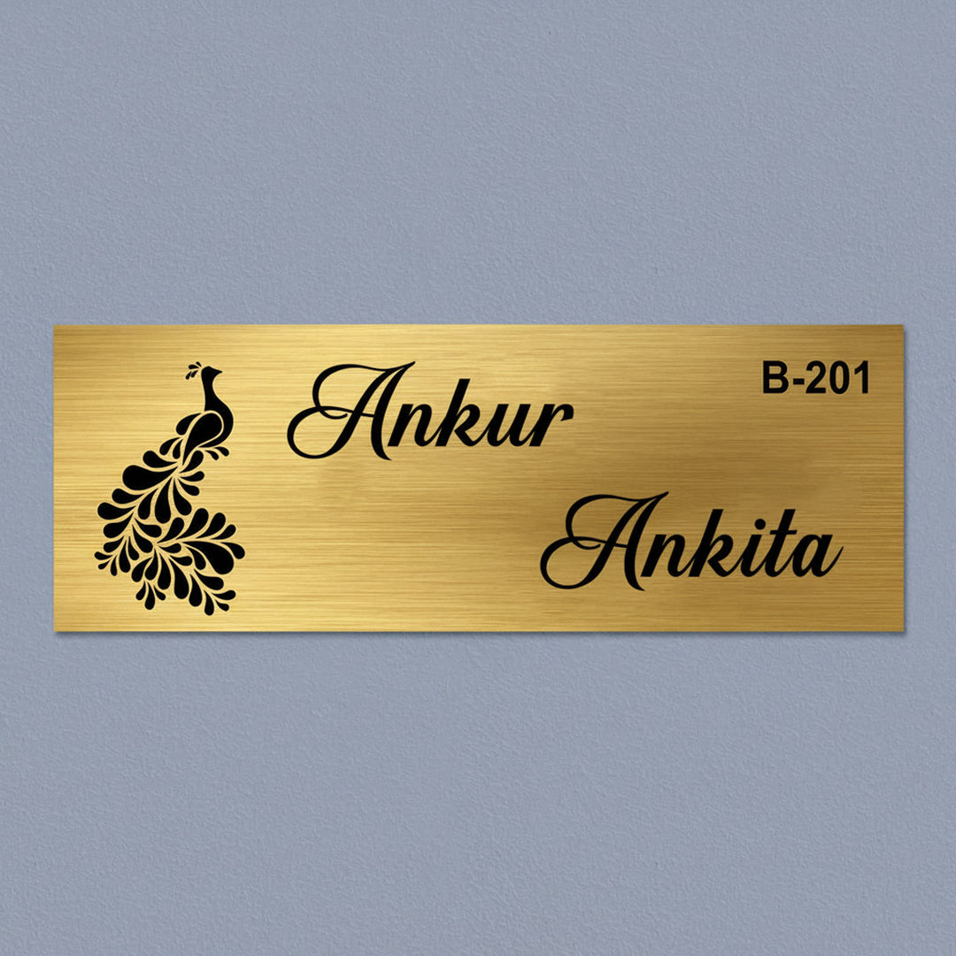 Peacock Engraved Personalized Golden Metal Name Plate | Rectangular, Outdoor, Weather Proof