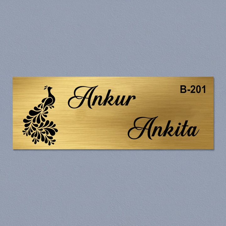 Peacock Engraved Personalized Golden Metal Name Plate | Rectangular, Outdoor, Weather Proof