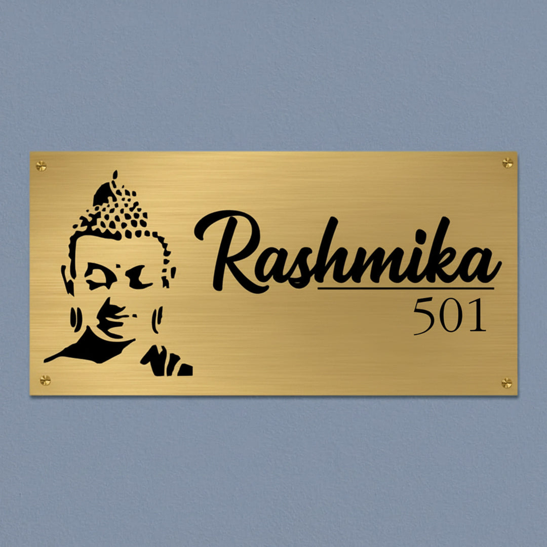 Buddha Engraved Personalized Golden Metal Name Plate | Weather Proof, Glossy Mirror Finish