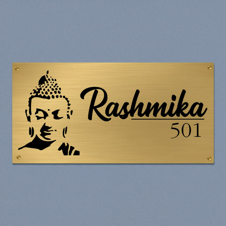 Buddha Engraved Personalized Golden Metal Name Plate | Weather Proof, Glossy Mirror Finish