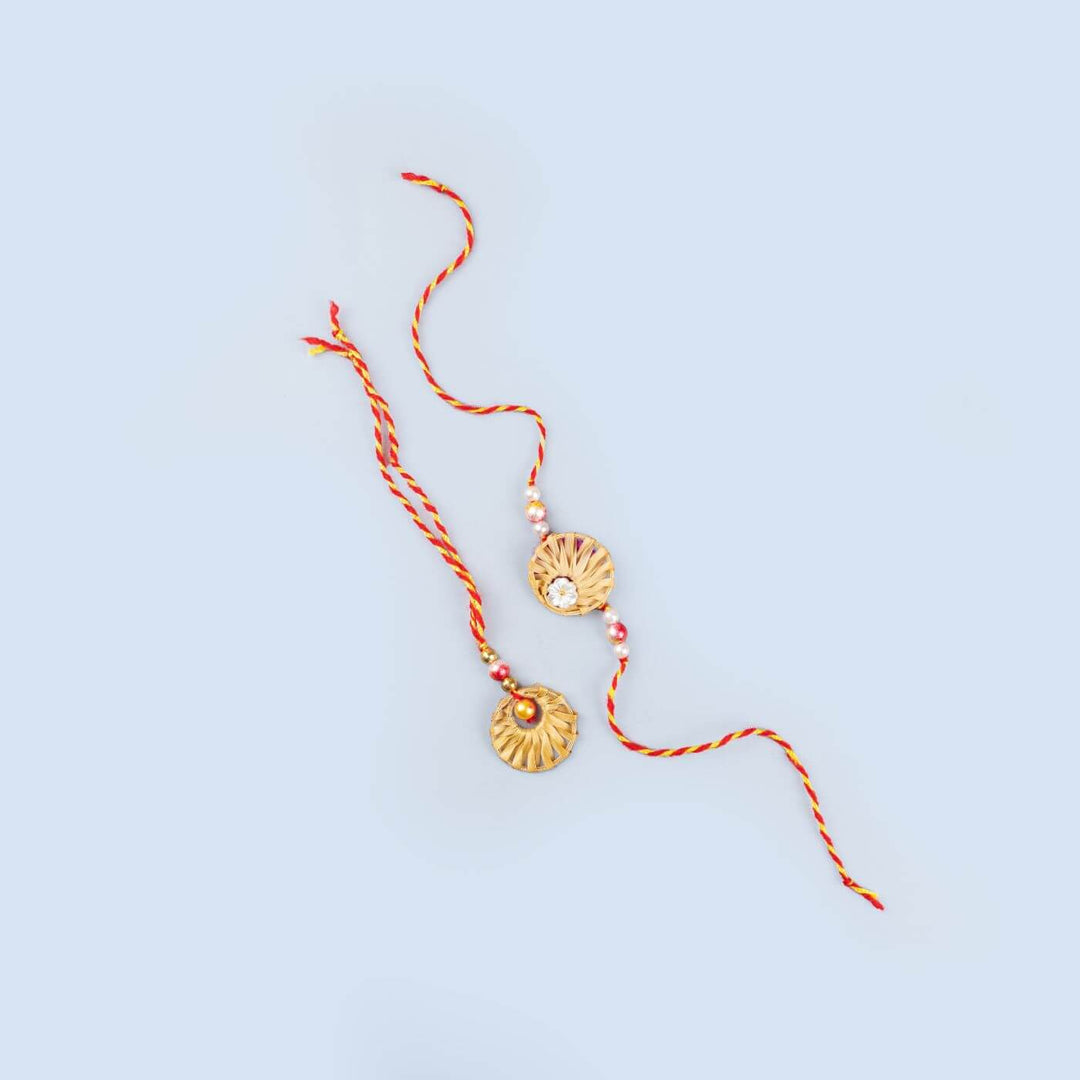 Ecofriendly Bamboo Rakhis For Bhaiya Bhabhi With Roli Chawal 7 - Two Rakhis Flat with Tassels