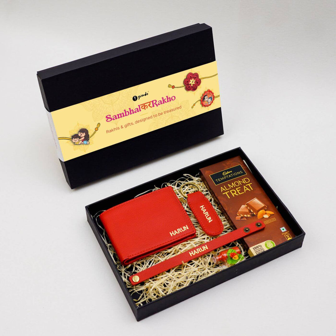 Personalised Rakhi Hamper With Genuine Leather Accessories - Gift Box Red Edition