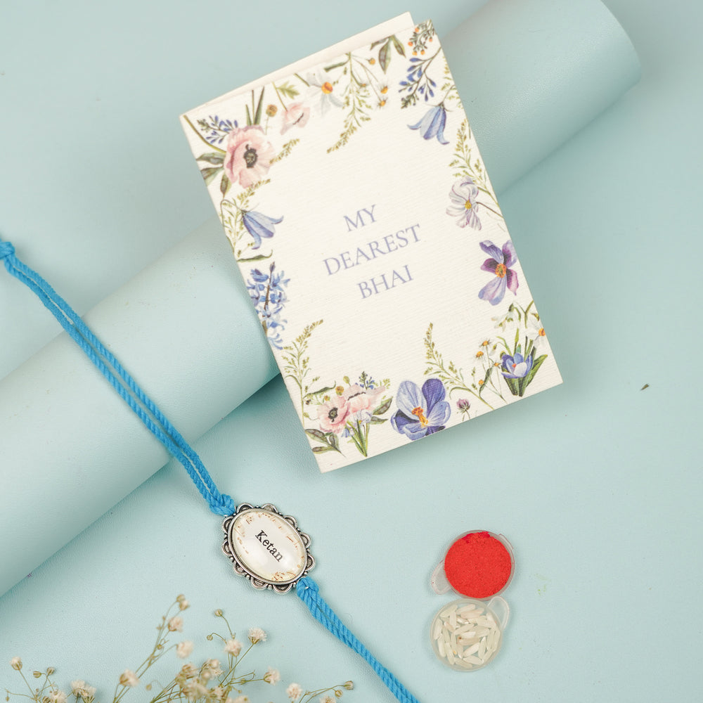 Photo Personalized Handmade Oval Antique Silver Rakhi With Roli Chawal Copy - Complete Rakhi Gift Set with Card