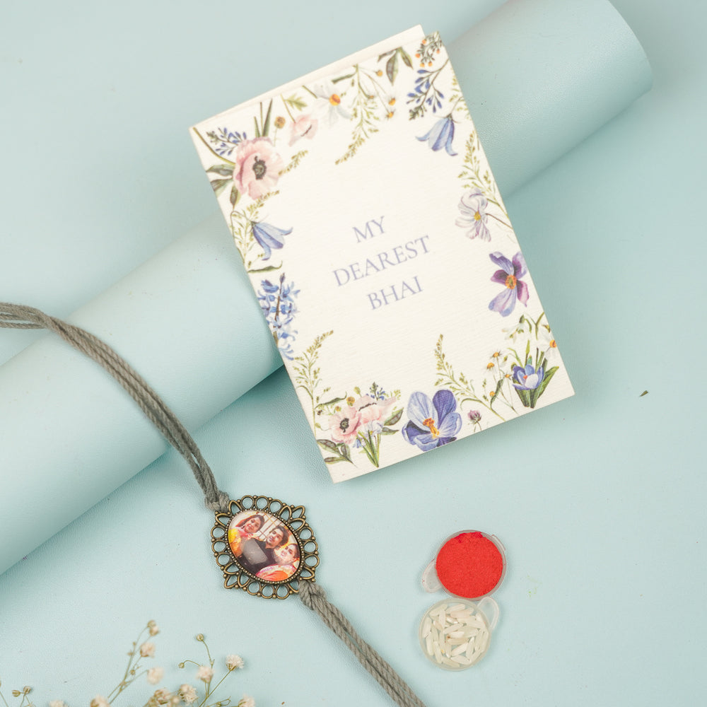 Photo Personalized Handmade Oval Antique Bronze Rakhi With Roli Chawal - Gift Set with Card, Rakhi, Tikka, and Rice