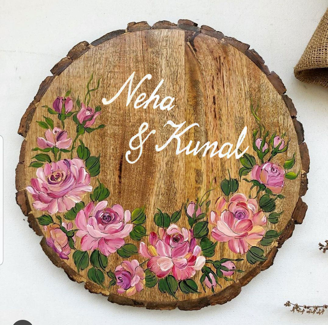 Handpainted Nature Theme Wood Bark Name Plate - Top-down Flat Lay with Text Personalization