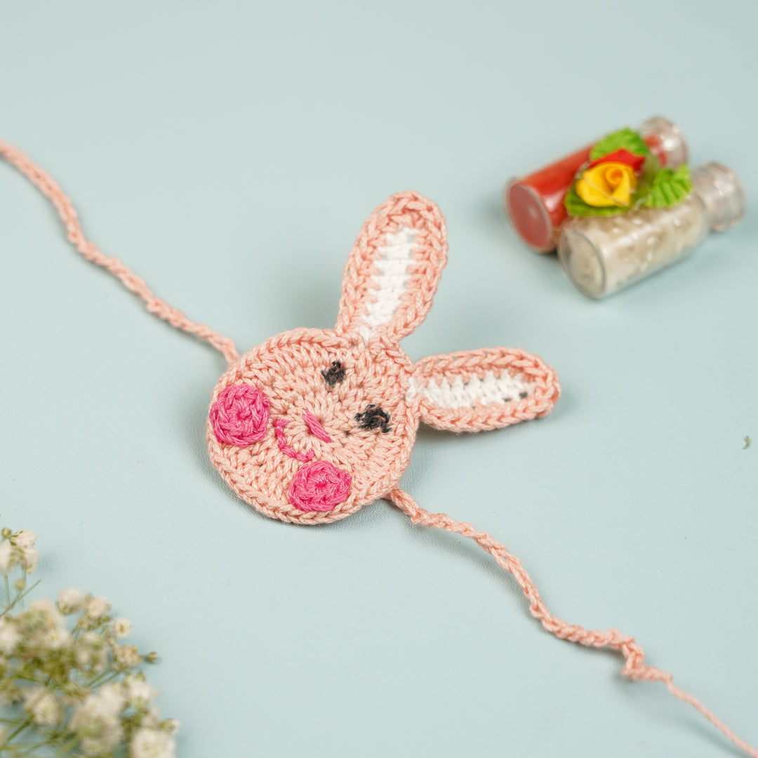 Handmade Crochet Bunny Theme Kids Rakhi With Roli Chawal - Front View Crochet Bunny Wristband (4)
