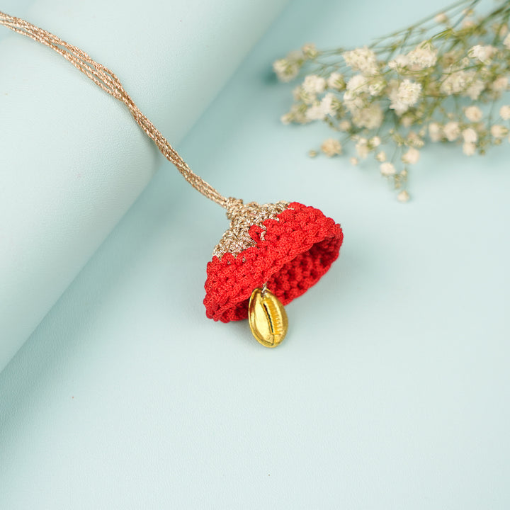 Handmade Crochet Cowry Beaded Lumba Rakhi For Bhabhi With Roli Chawal - Necklace Side View Red