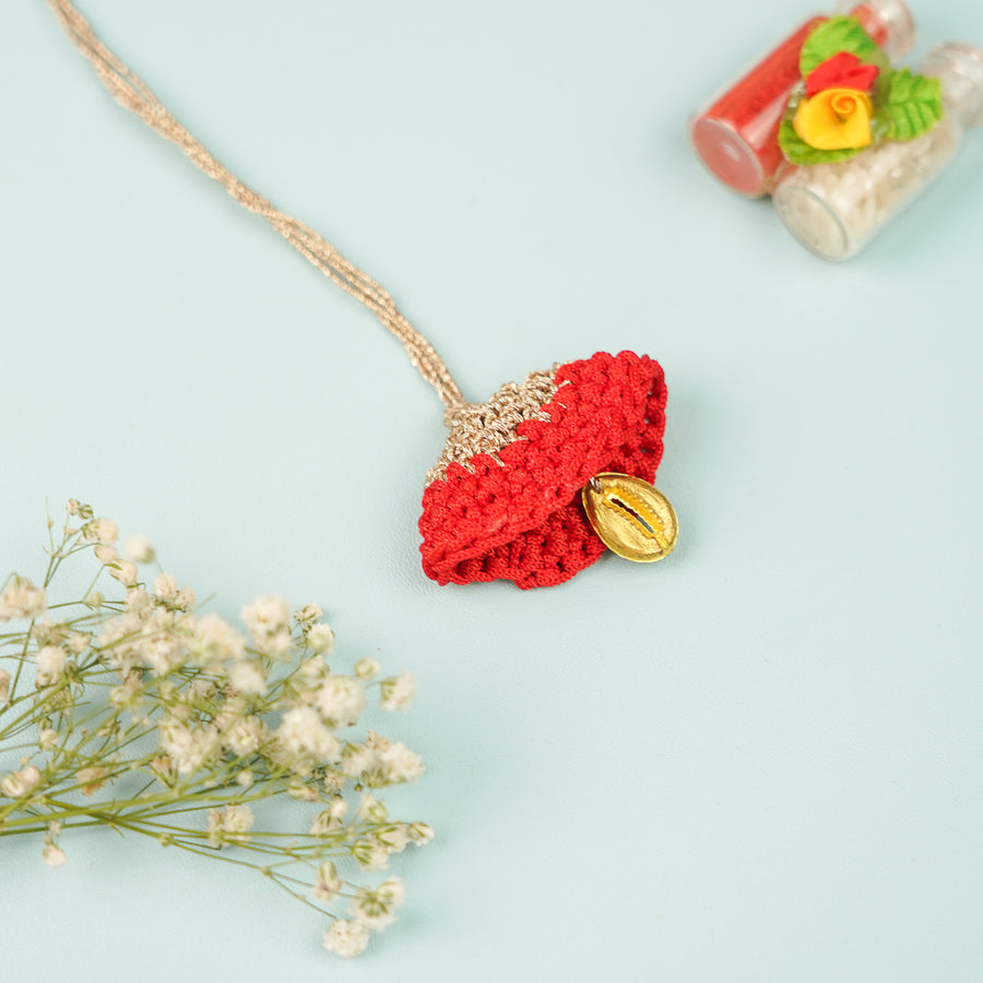 Handmade Crochet Cowry Beaded Lumba Rakhi For Bhabhi With Roli Chawal - Necklace Front View Red