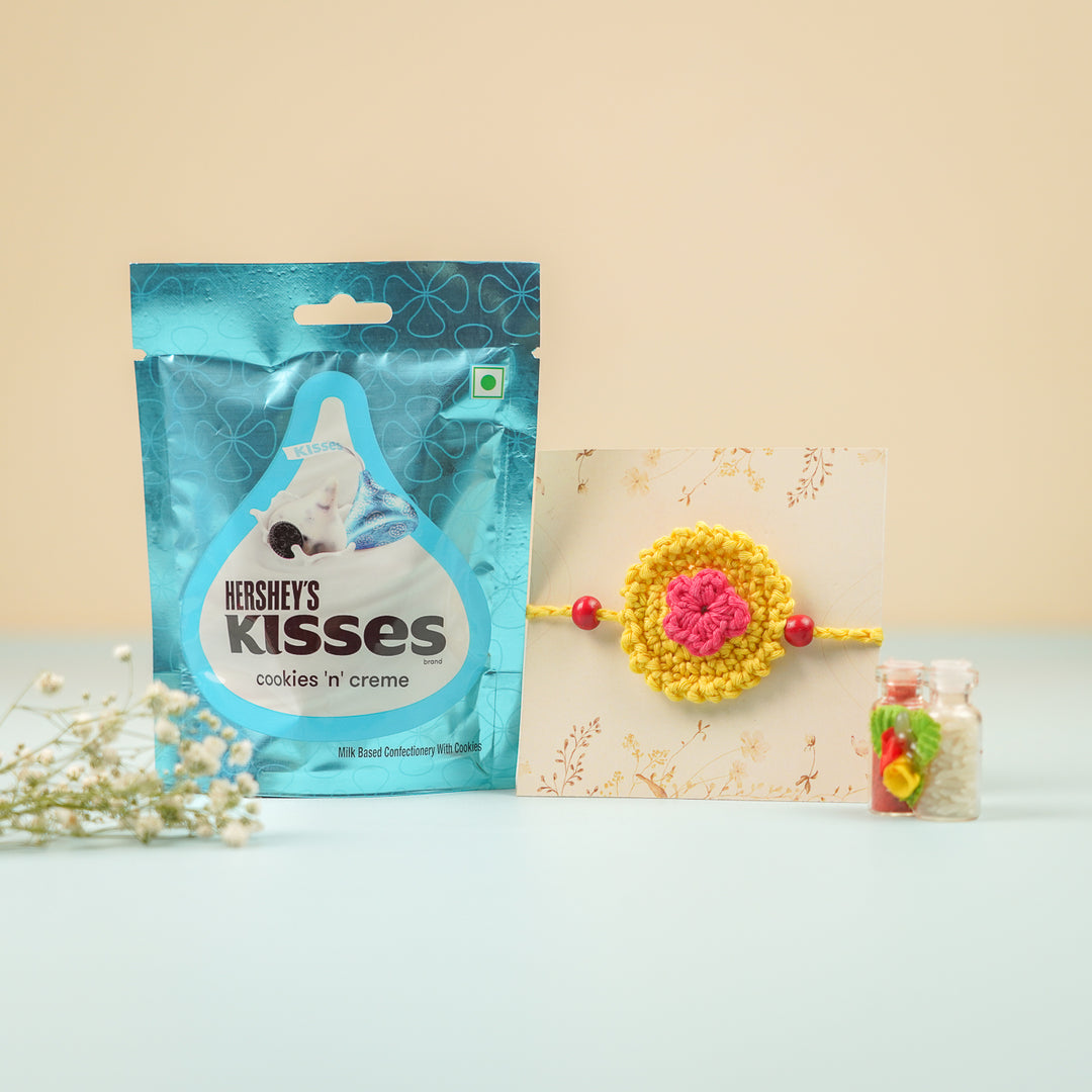 Handmade Crochet Round Mini Floral Rakhi With Roli Chawal - Rakhi with gift packaging and props (6)