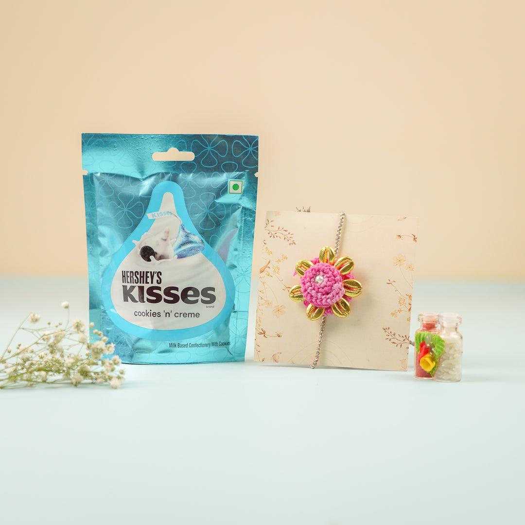 Handmade Crochet Cowry Beaded Floral Rakhi With Roli Chawal - Packaged with Gift and Treat (9)