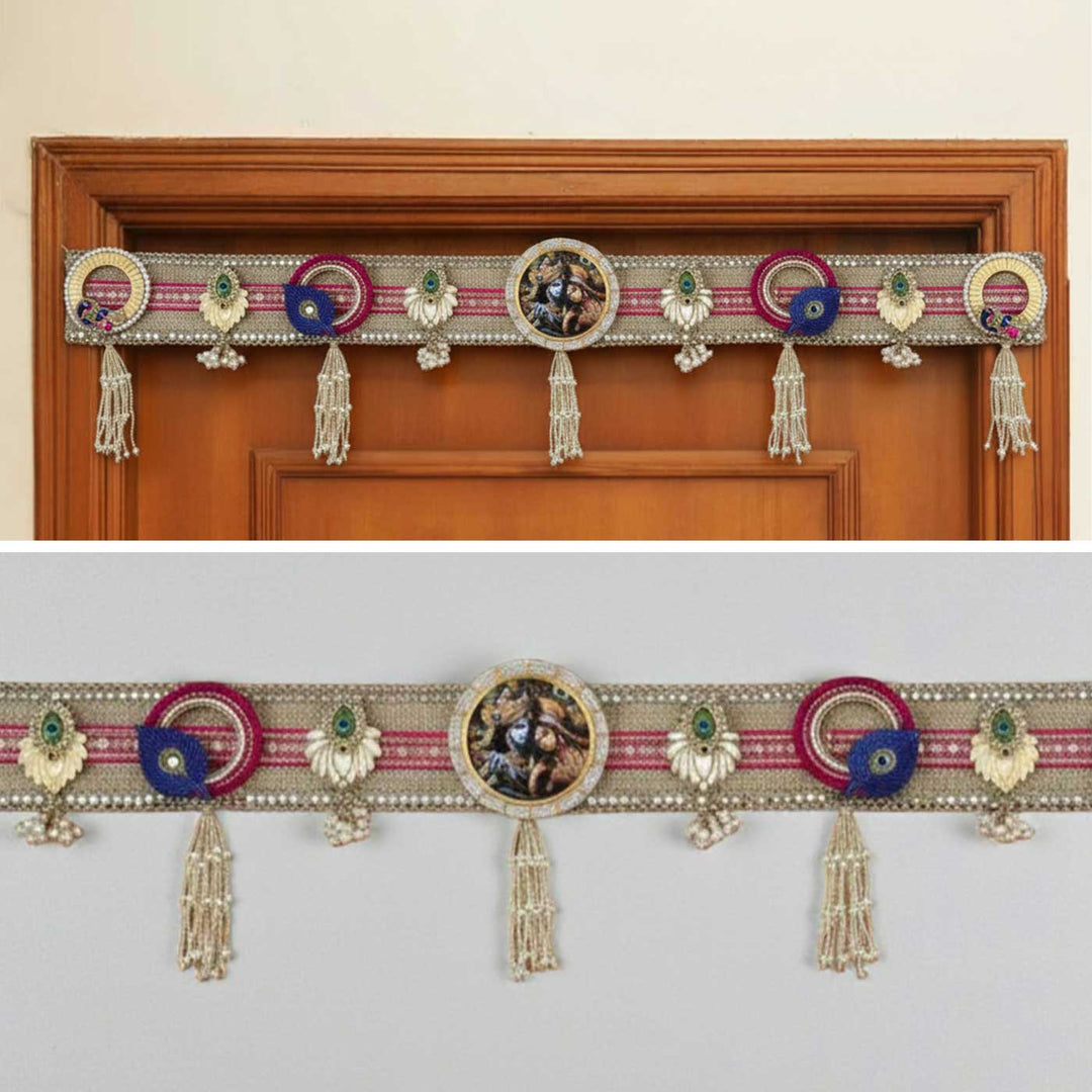 40 In | Handmade Mirror Work Radha Krishna Design Jute Toran