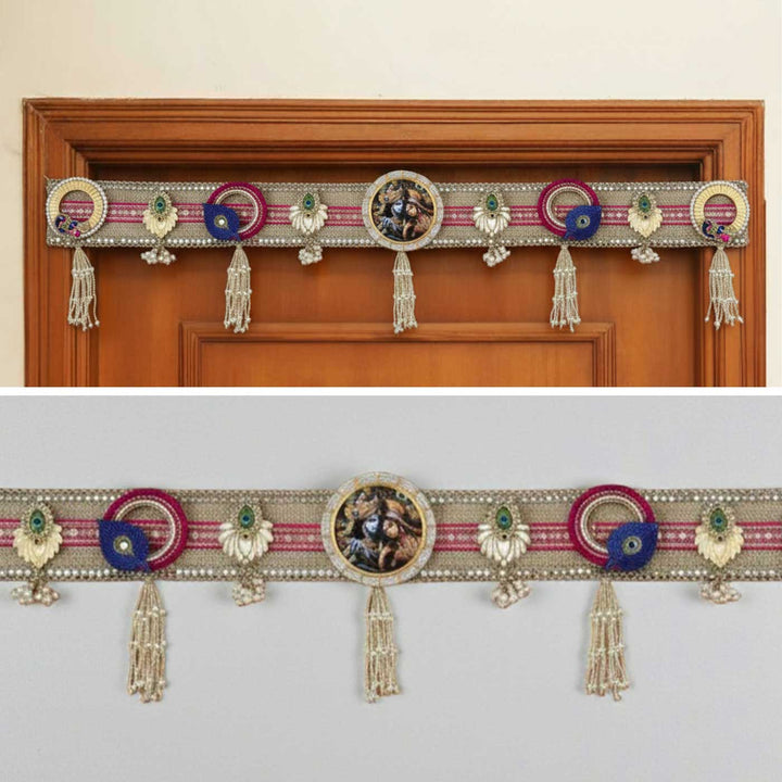 40 In | Handmade Mirror Work Radha Krishna Design Jute Toran