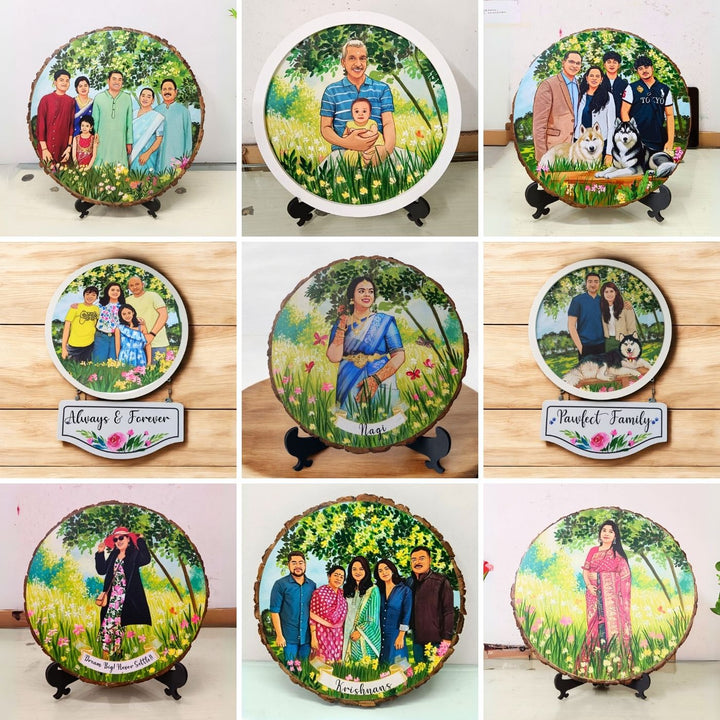 Photo Caricature Bark Nameplate With Stand Copy 1 Small Family - Front View on Display Stand