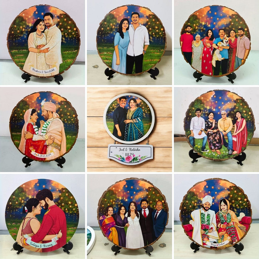 Photo Caricature Bark Nameplate With Stand For Couples - Grid of Personalized Couple and Family Portraits