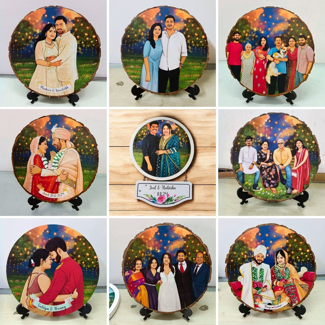 Photo Caricature Bark Nameplate With Stand For Couples - Grid of Personalized Couple and Family Portraits