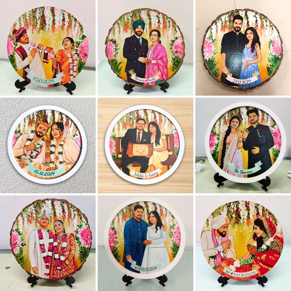 Photo Caricature Nameplate With Stand For Wedding Couple 8 - Collage of Personalized Round Plate Views