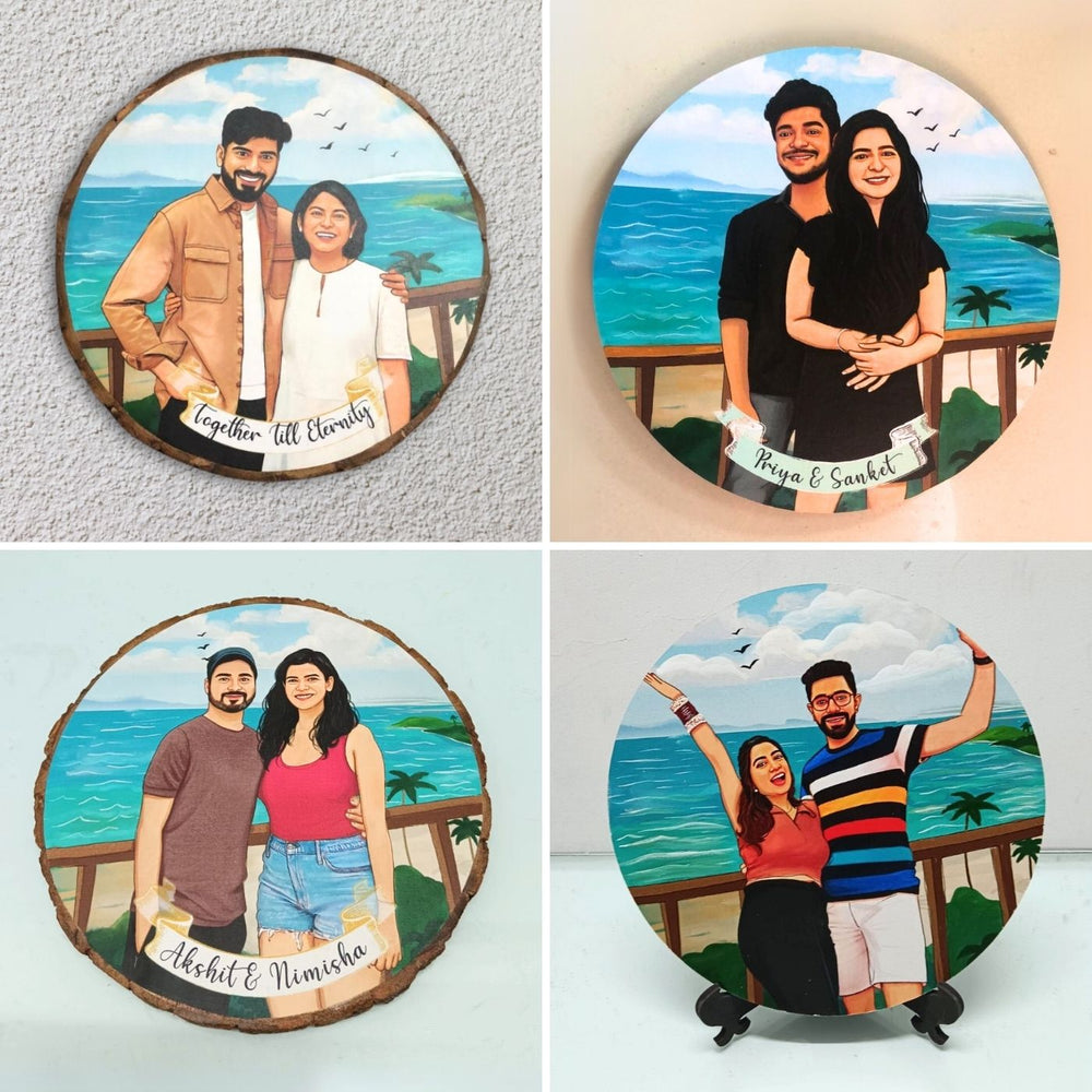 Photo Caricature Name Plate With Stand For Wedding Couples 2 - Personalized Couple Illustration Front Views
