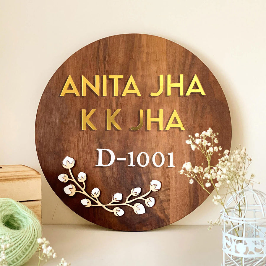 Personalised Wooden Round Floral Name Plate - Front View with Name Personalization