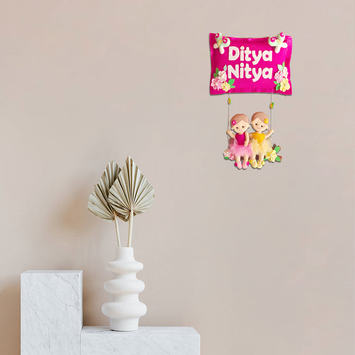 Hand Stitched Pillow Swing Theme Felt Kids Name Plate For Siblings - Mounted on Wall Display
