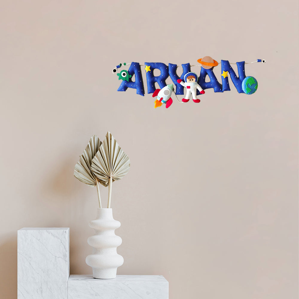 Hand Stitched Space Themed Felt Name Bunting - Mounted on Wall Above Decor