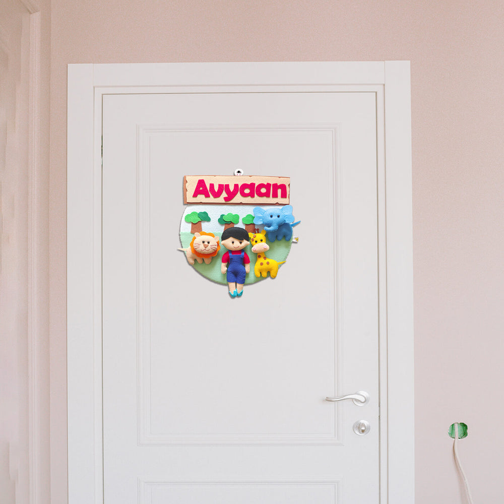Hand Stitched Animal Themed Felt Kids Name Plate 1 - Hanging on Closed Door Front View