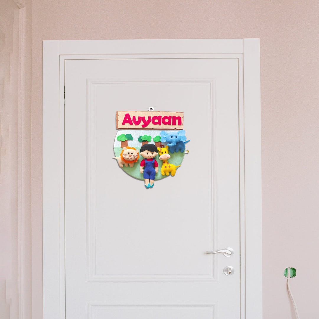 Hand Stitched Animal Themed Felt Kids Name Plate 1 - Hanging on Closed Door Front View