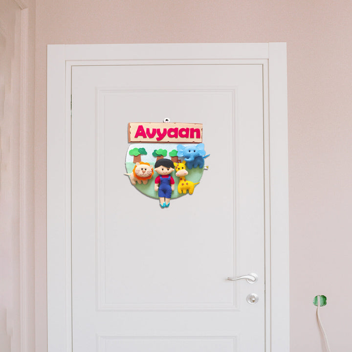 Hand Stitched Animal Themed Felt Kids Name Plate 1 - Hanging on Closed Door Front View