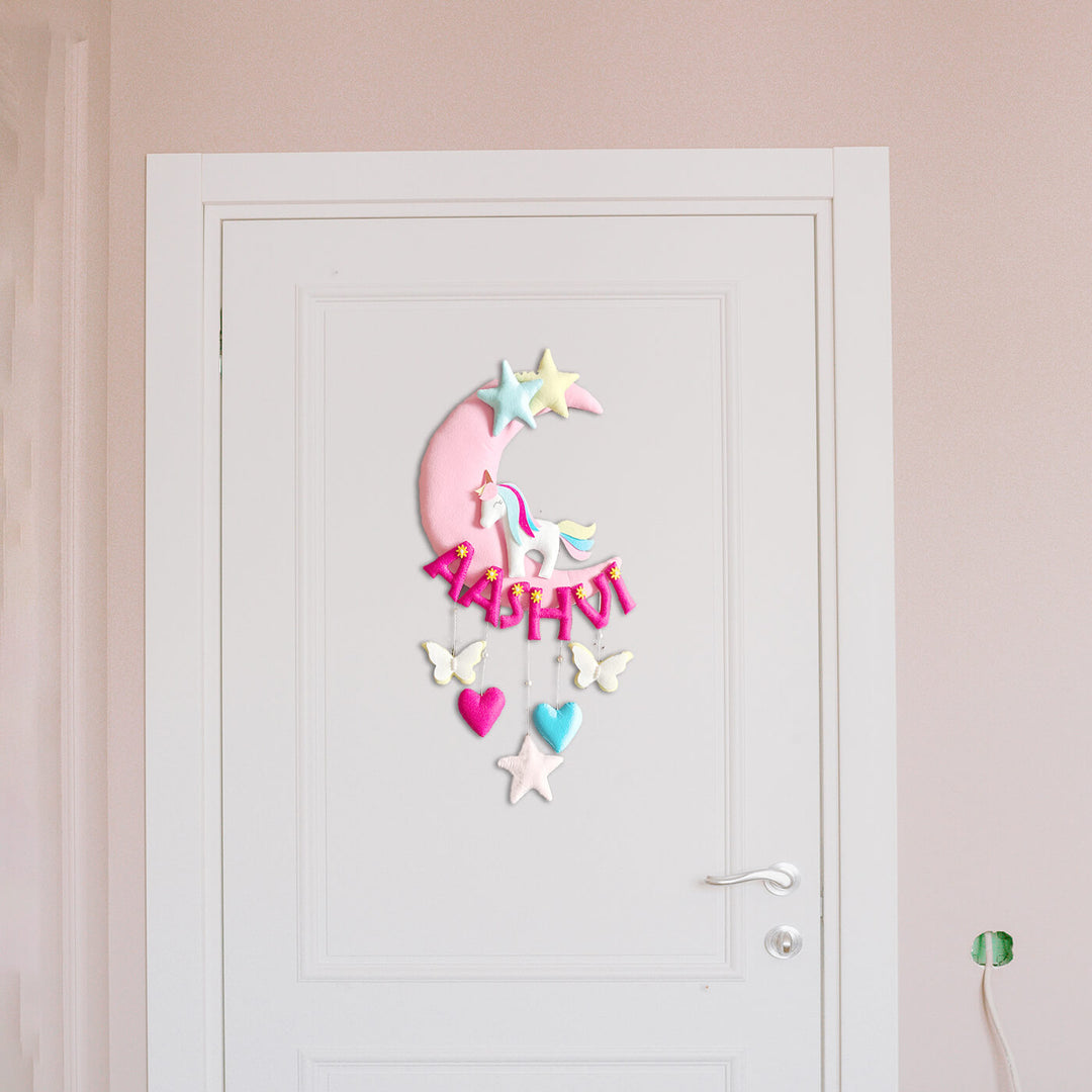 Hand-stitched Unicorn Themed Felt Moon Nameplate with Birthdate