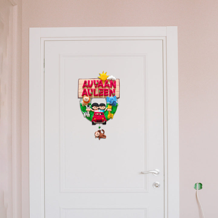 Hand Stitched Jungle Themed Felt Kids Name Plate 1 - Mounted on White Door Centered