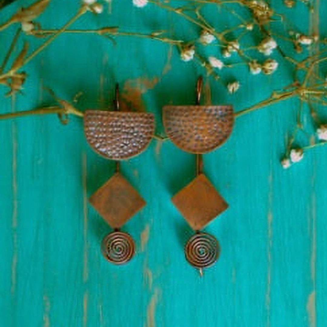 Contemporary Semicircular Beaten Hooks Copper Earrings
