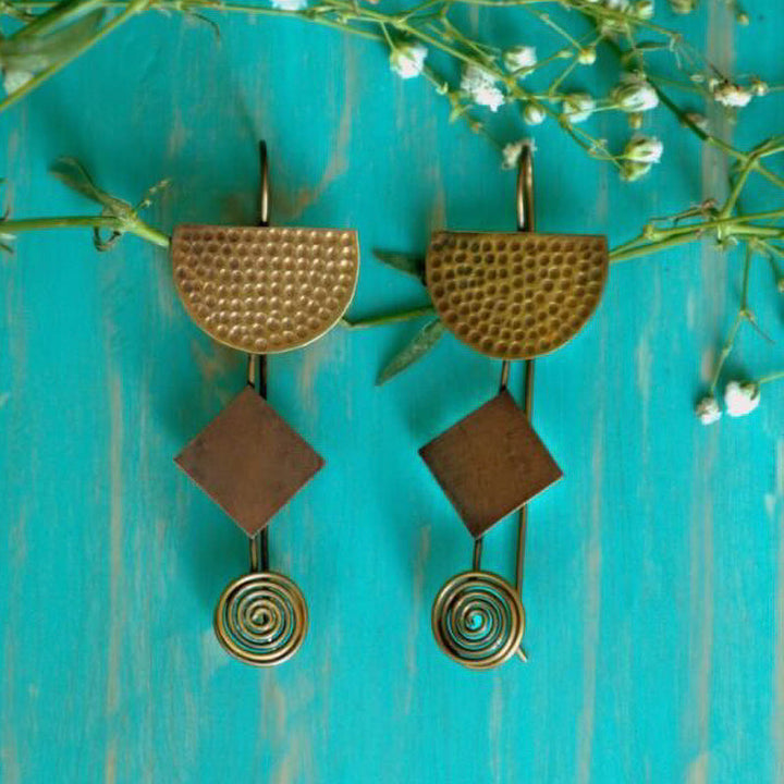 Handmade Semicircular Mixed Metal Hooks Brass Earrings