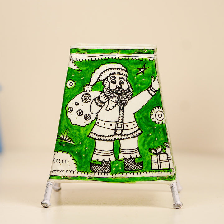 6 inch | Green Christmas Motifs Hand Painted Tholu Bommalata Tabletop Lamp