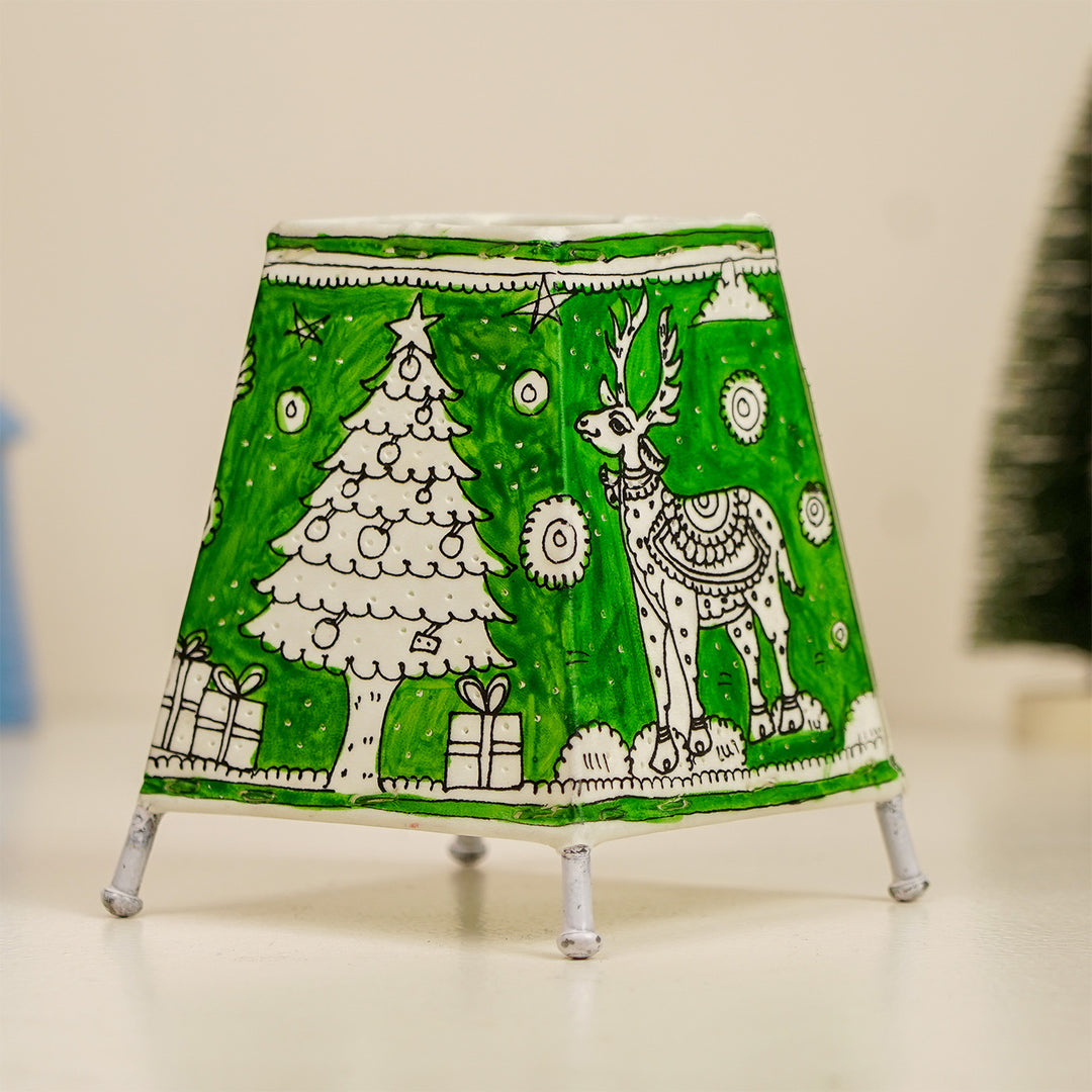 6 inch | Green Christmas Motifs Hand Painted Tholu Bommalata Tabletop Lamp