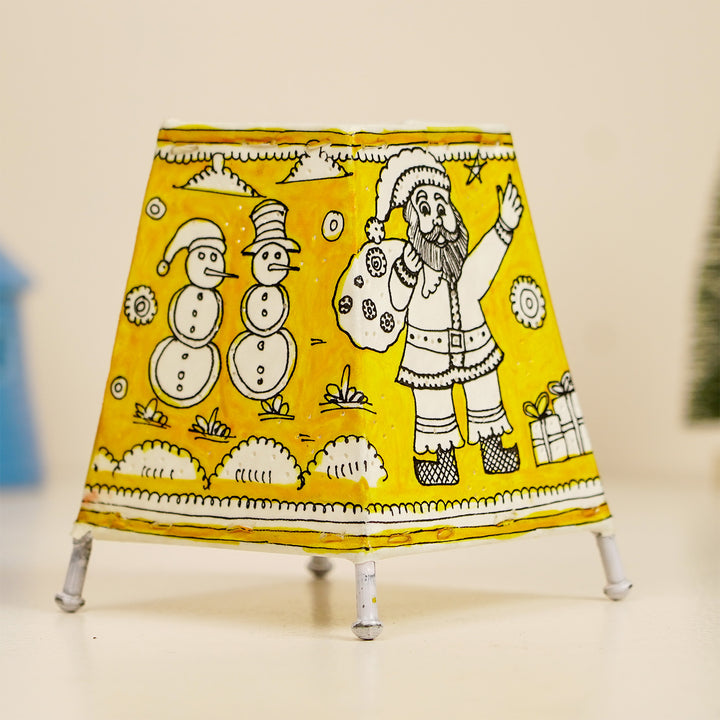 6 inch | Yellow Christmas Motifs Hand Painted Tholu Bommalata Tabletop Lamp