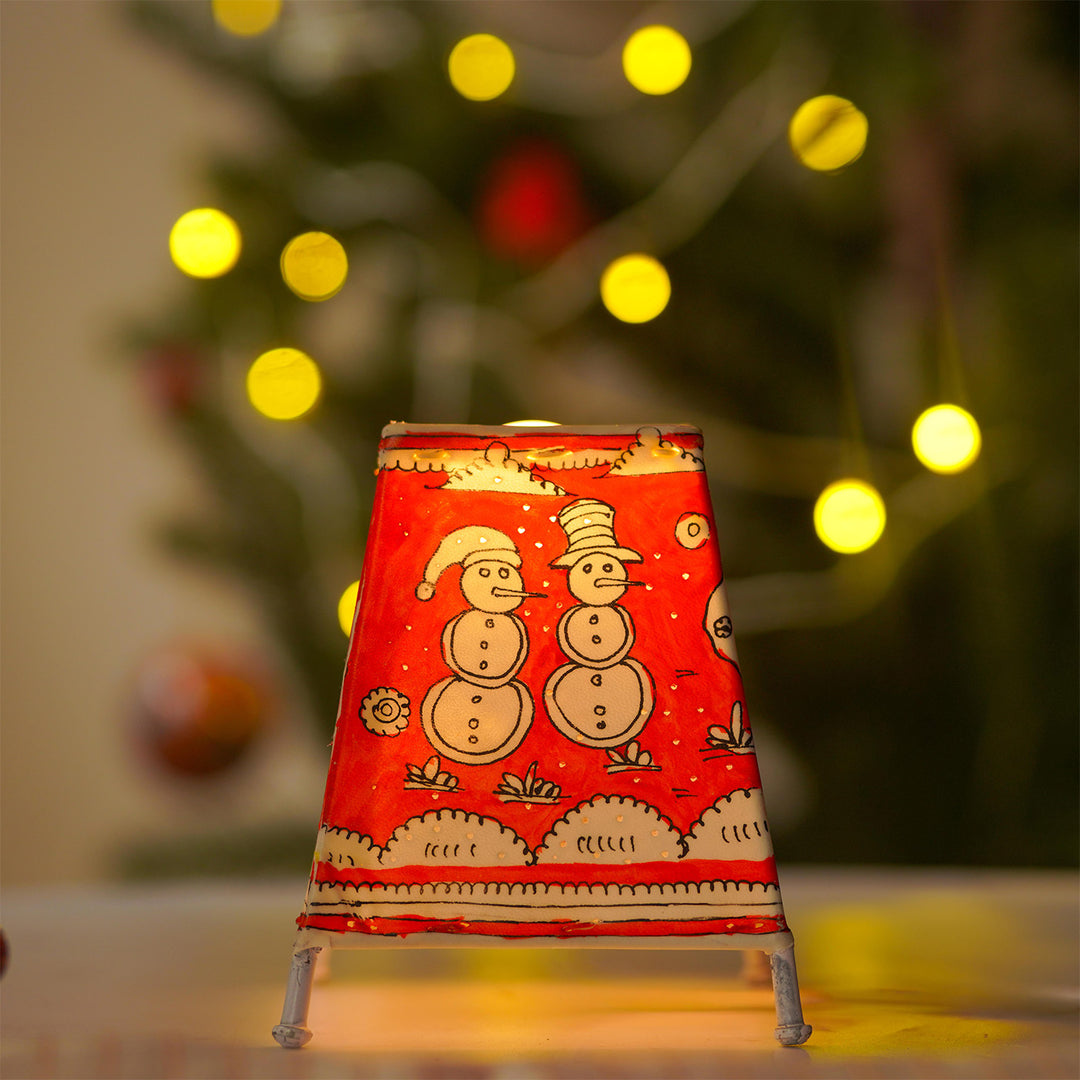 6 inch | Red Christmas Motifs Hand Painted Tholu Bommalata Tabletop Lamp